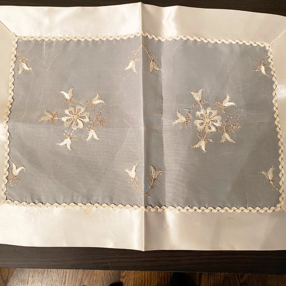 2 Vtg Table Doilies Satin Sheer Gold Embroidery - Picture 2 of 8